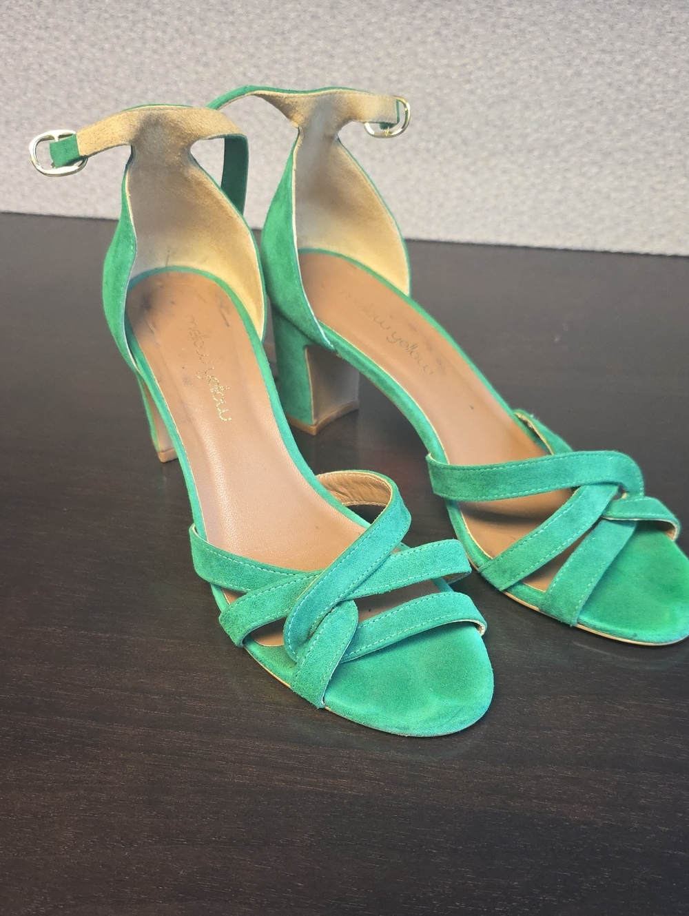 Green Suede Knot-Front Ankle-Strap Block Heels - Women's